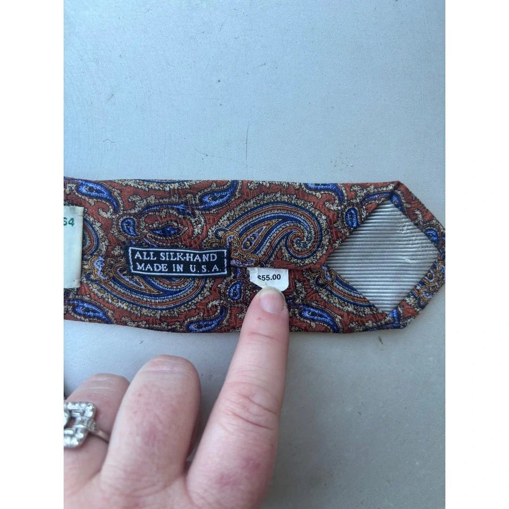 JZ Richards Mens Silk Paisley Necktie Burnt Orange Blue Hand Made‎ in USA